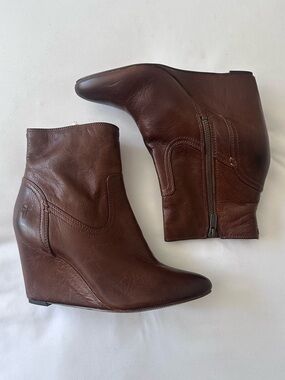 Frye Brown Leather Wedge Ankle Boots